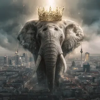 Ein gekrönter Elefant vor einer Stadt aus Beton