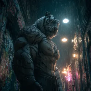 Ein Tiger in einer regennassen Stadtgasse